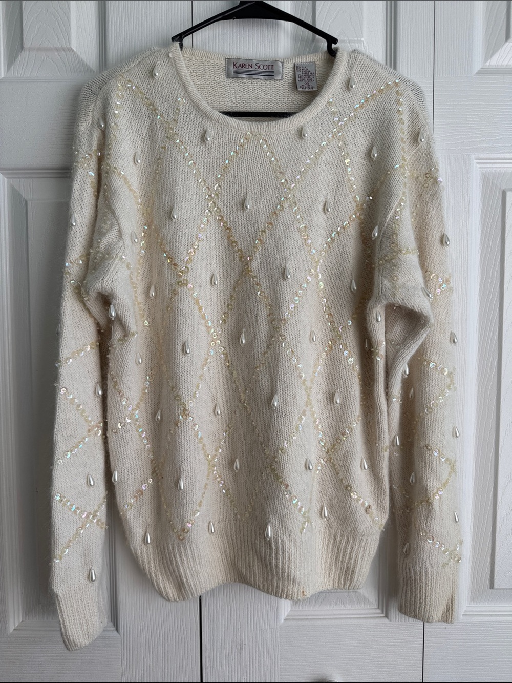 Karen Scott Ivory Sequin & Bead Embellished Crewneck Sweater
